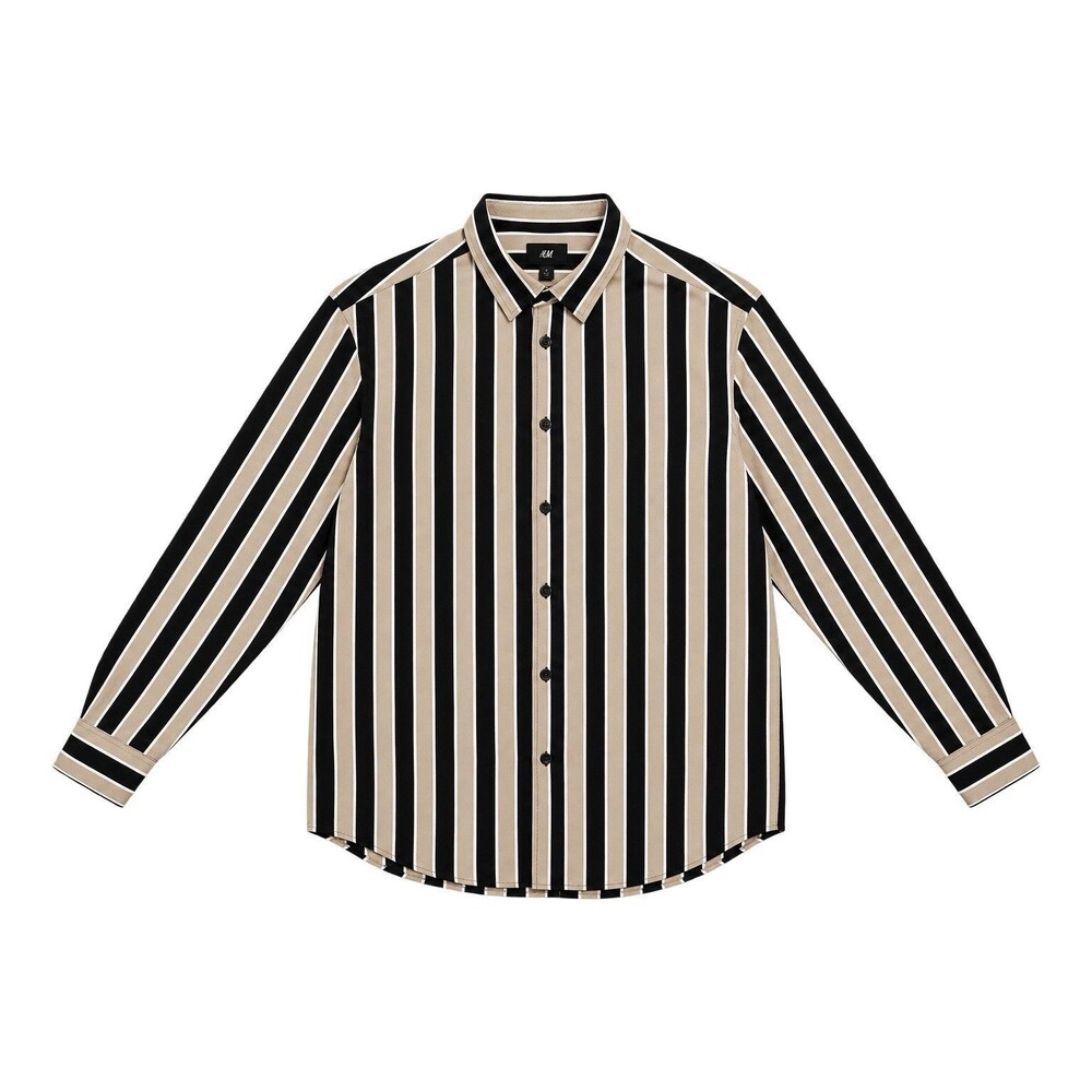 H&M Men’s Striped Button Up Shirt Black Beige White Long Sleeve